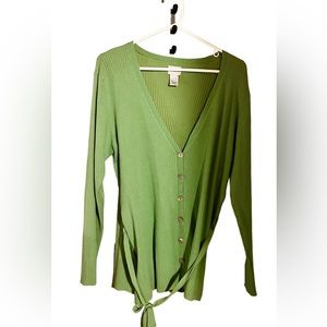 Women’s long green Chico’s belted cardigan in size 2 - Large.